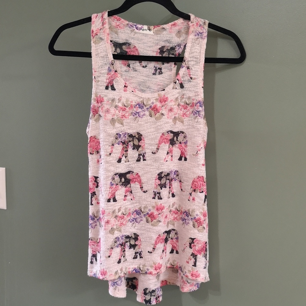 Ginger G Floral Elephant Print Soft Knit Tank Hi Lo Sz M